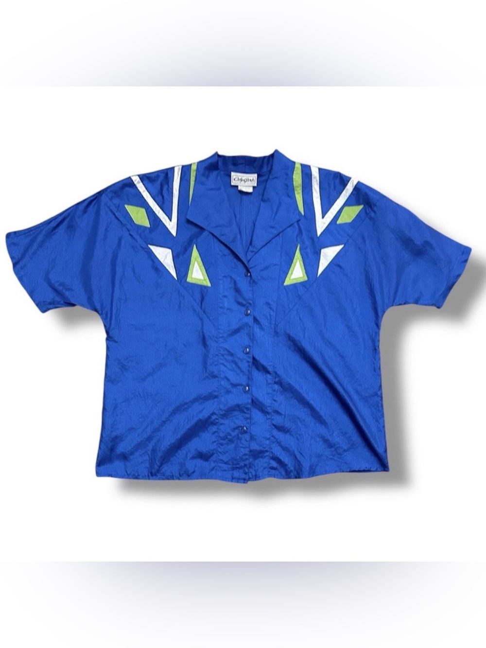 Vintage 80s City Girl Blue Geometric Short Sleeve Button-Up Top Women’s Size 1X